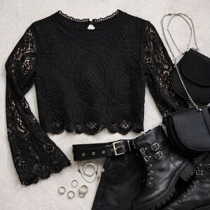 Ultra Pink Black Lace Blouse XL Whimsy Goth Boho Bell Sleeve Top